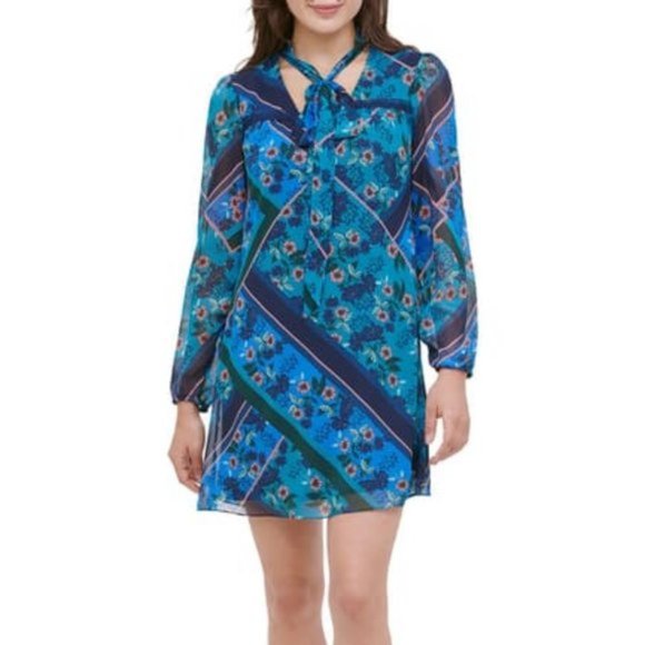 Kensie Dresses & Skirts - Blue Kensie Floral Print Tie Neck Long Sleeve Shift Mini Dress
